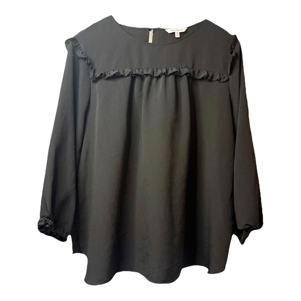 Juicy Couture Women's XL Black Blouse Peasant Sleeve Boho Top Ruffle Detail Top